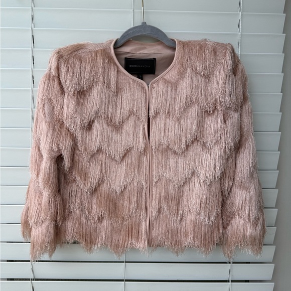 BCBG MAXAZRIA Women's Pink Jaxon Crochet Fringe Cropped Jacket Blazer Shaggy XS - Picture 4 of 15
